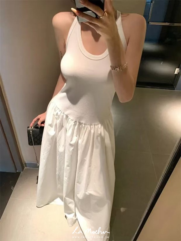 襯衫布拼棉挖肩洋裝